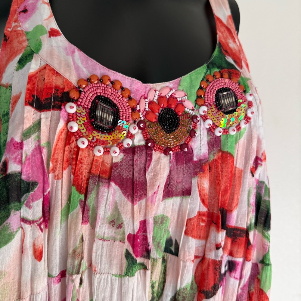 Embellished Floral Tiered Mini Dress - Pink & Green - Picture 6 of 14
